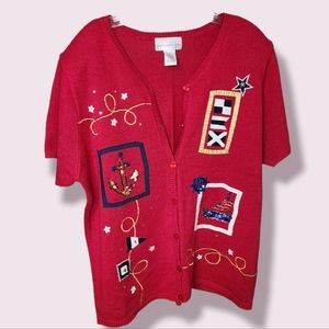 Susan Graver Red Nautical Short Sleeve Sweater (L) 4th of July Patriotic